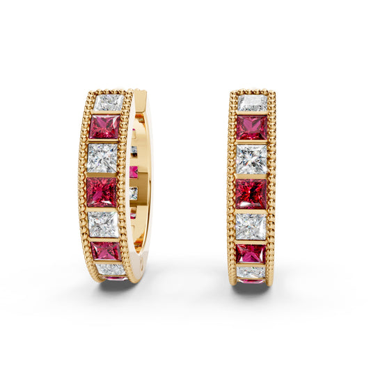 Princess Diamond and Colorstone Small Hoop Earrings