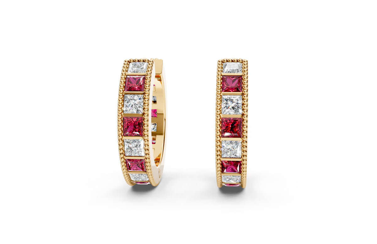 Princess Diamond and Colorstone Small Hoop Earrings