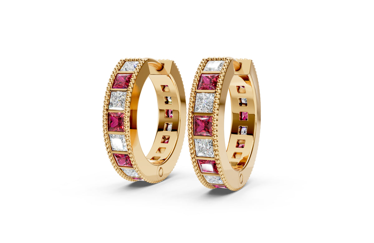 Princess Diamond and Colorstone Small Hoop Earrings