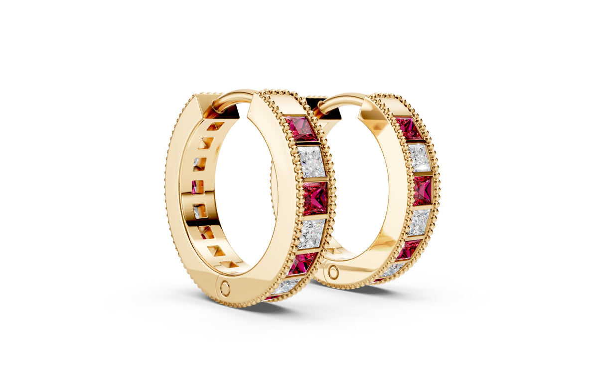 Princess Diamond and Colorstone Small Hoop Earrings