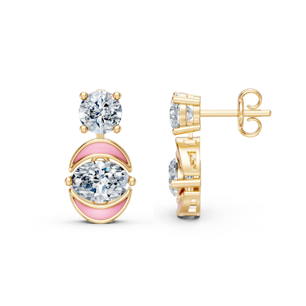 Round Solitaire Lab-Grown Diamond Studs with Oval Solitaire Enamel Dangling Earrings