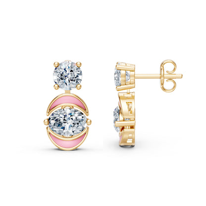Round Solitaire Lab-Grown Diamond Studs with Oval Solitaire Enamel Dangling Earrings