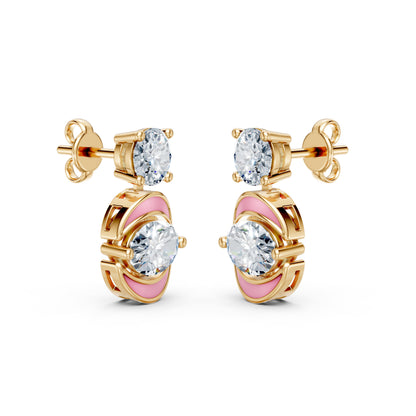 Round Solitaire Lab-Grown Diamond Studs with Oval Solitaire Enamel Dangling Earrings