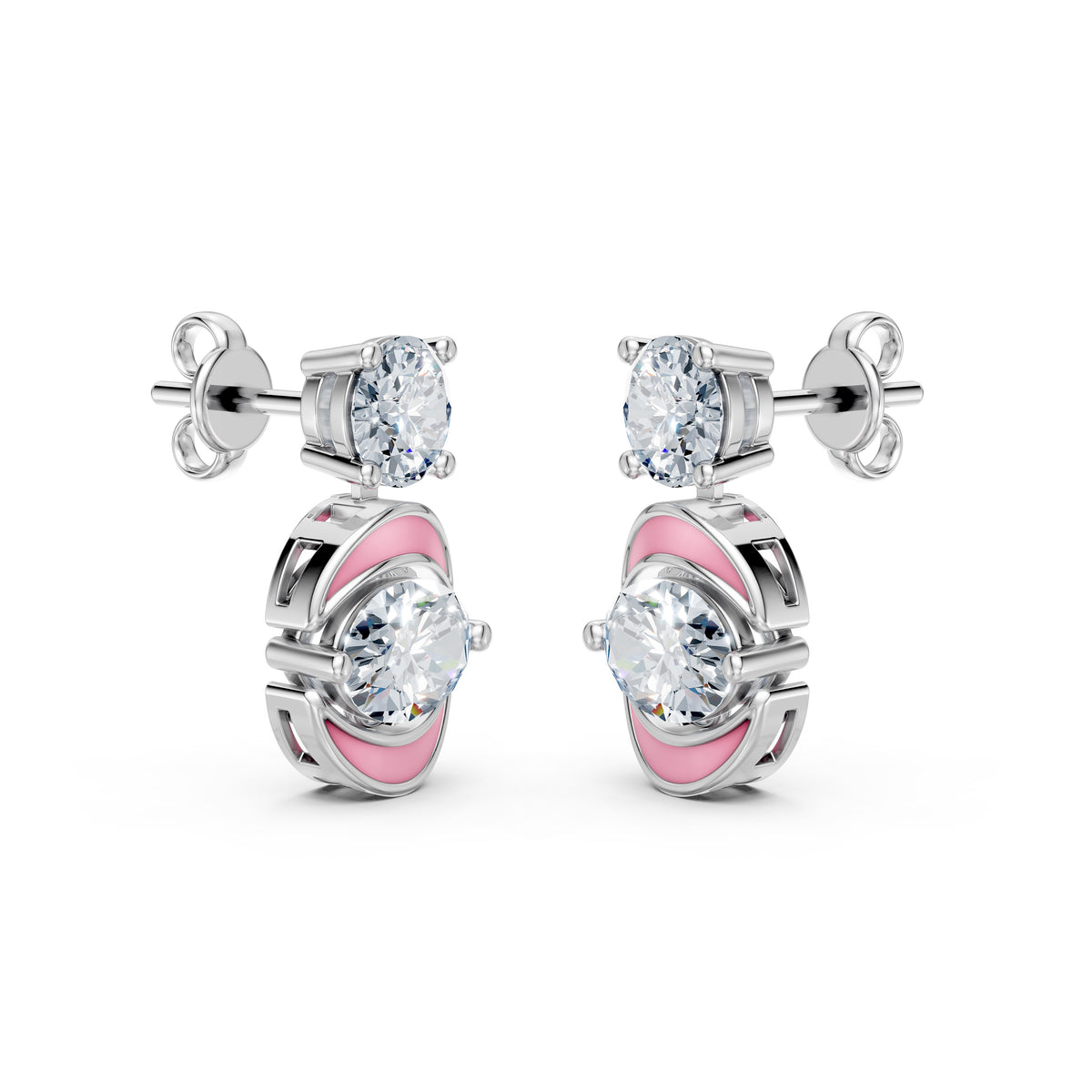 Round Solitaire Lab-Grown Diamond Studs with Oval Solitaire Enamel Dangling Earrings