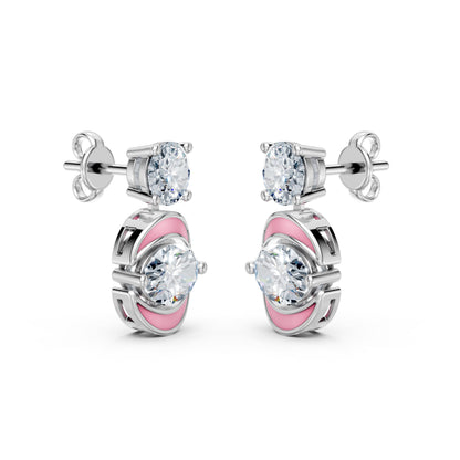 Round Solitaire Lab-Grown Diamond Studs with Oval Solitaire Enamel Dangling Earrings