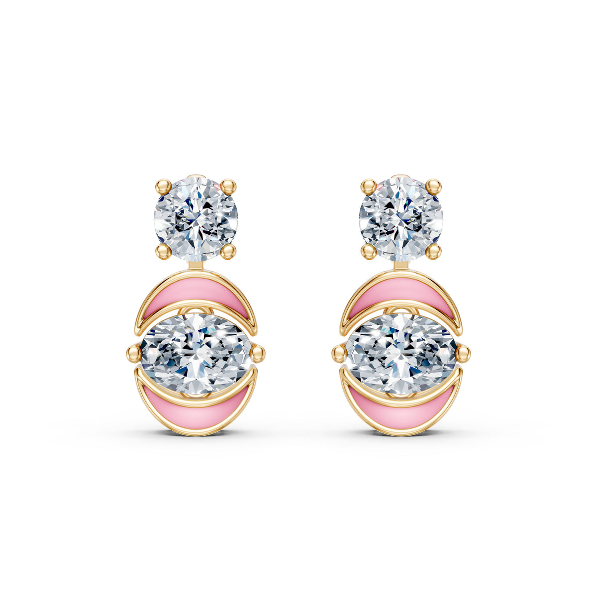Round Solitaire Lab-Grown Diamond Studs with Oval Solitaire Enamel Dangling Earrings