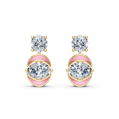 Round Solitaire Lab-Grown Diamond Studs with Oval Solitaire Enamel Dangling Earrings